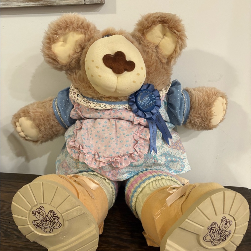 Cute Plush Bear in Blue Dress and Yellow Boots